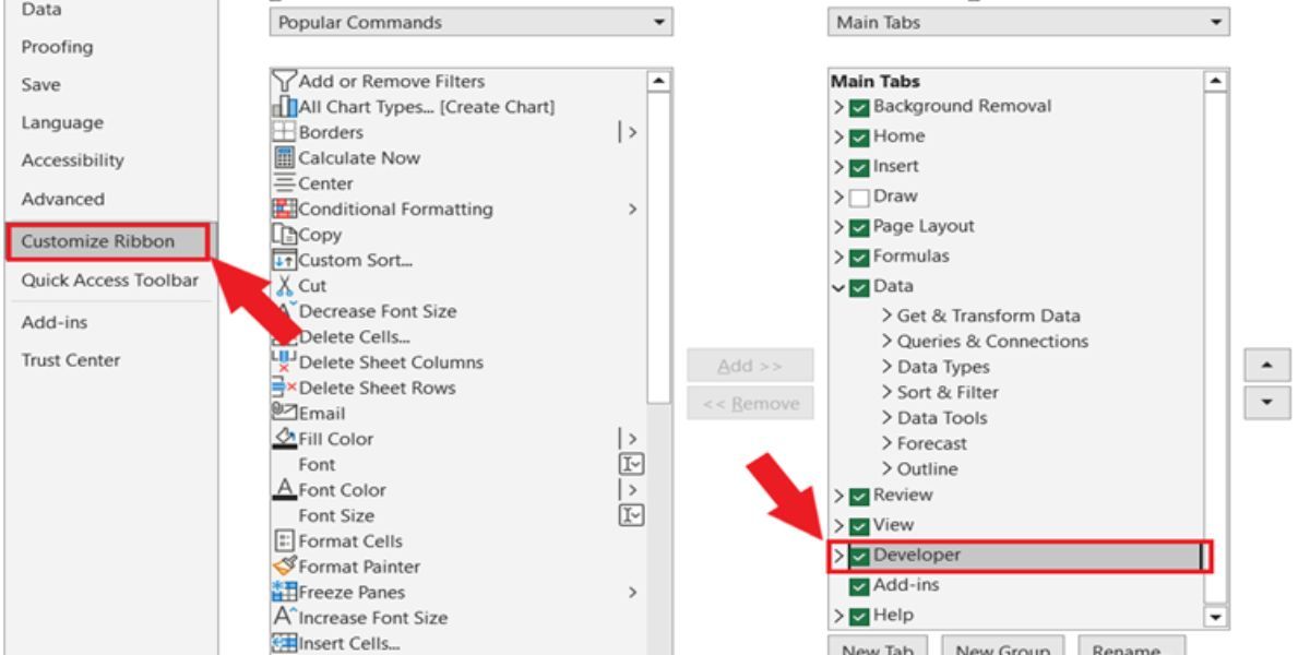 Munculan Excel dengan pita kustomisasi dipilih di sebelah kiri dan kotak di sekitar tab pengembang di sebelah kanan