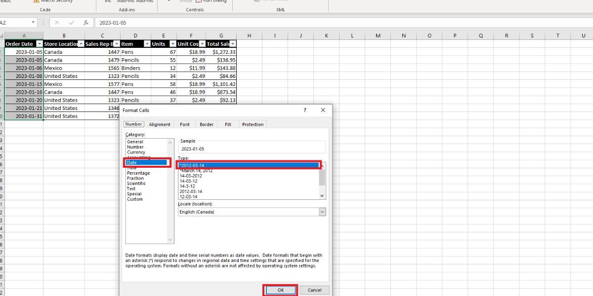 Excel Format Cells Popup with Date selected on the left and yyyy-mm-dd format selected on the right
