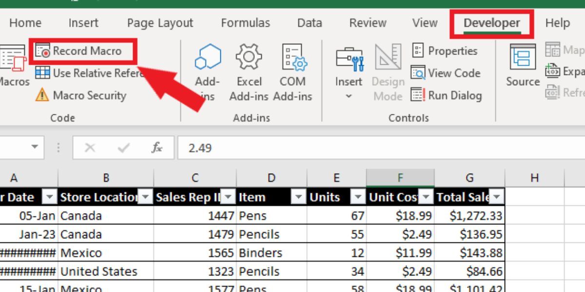Excel Ribbon, Developer Tab is selected with a red arrow pointing to the Record macro option on the left