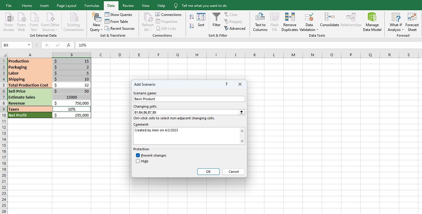 Adding a scenario in Excel