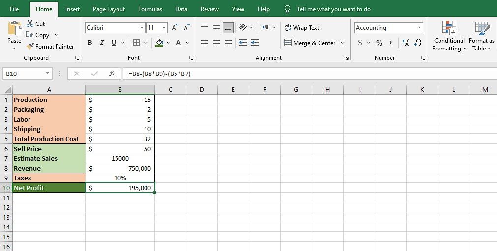 A sample spreadsheet in Excel