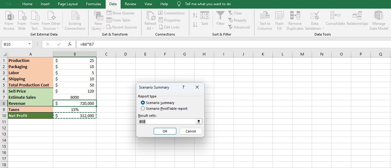 Creating a scenario summary in Excel