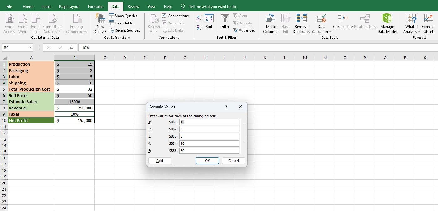 Inputting scenario values in Excel
