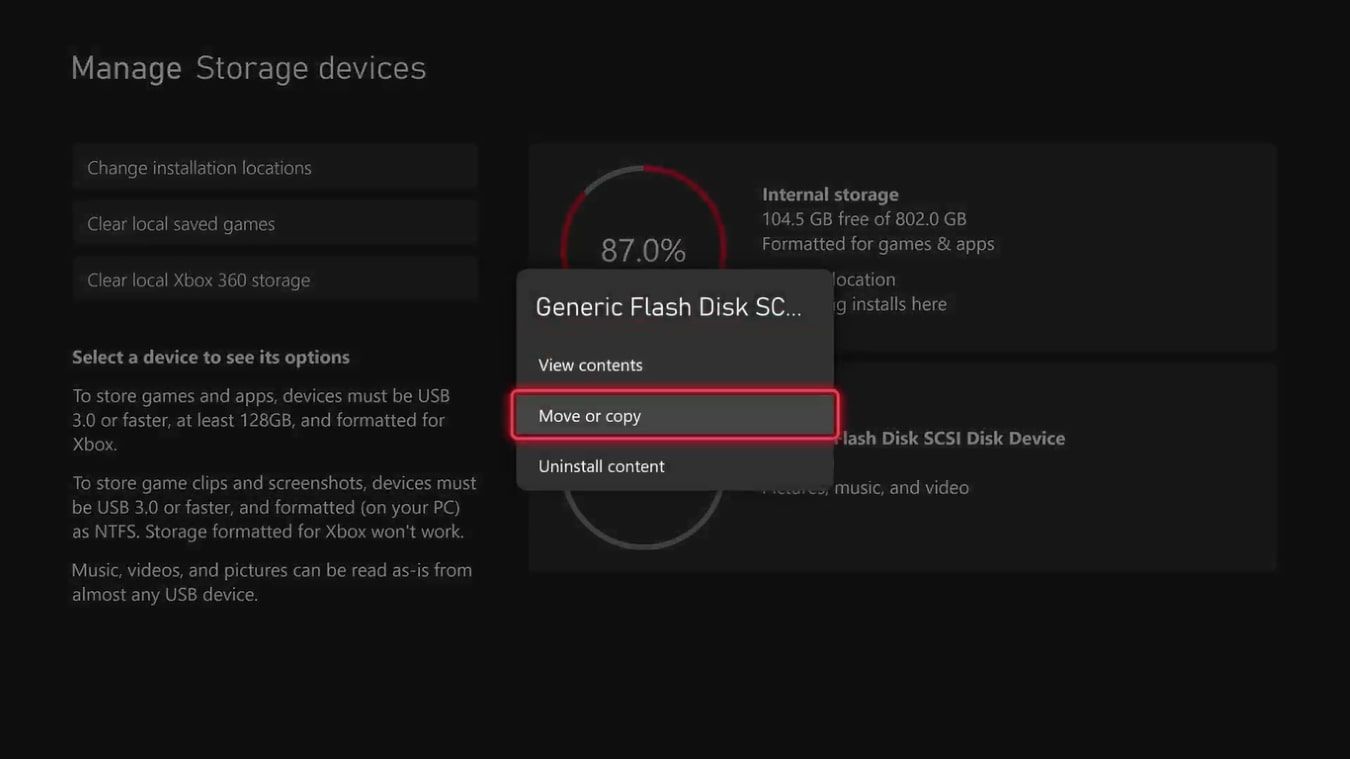 تصویری از گزینه‌های یک دستگاه ذخیره‌سازی خارجی در Xbox Series X با برجسته‌سازی Move یا Copy
