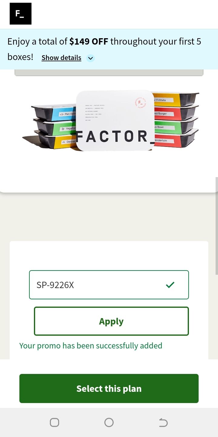 برنامه Factor کد تبلیغاتی را نشان می دهد