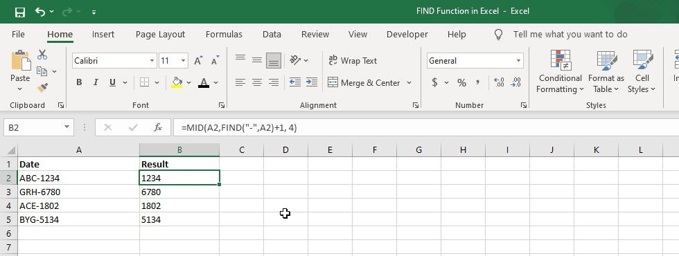 Lembar Excel menunjukkan cara menggunakan FIND dengan fungsi MID