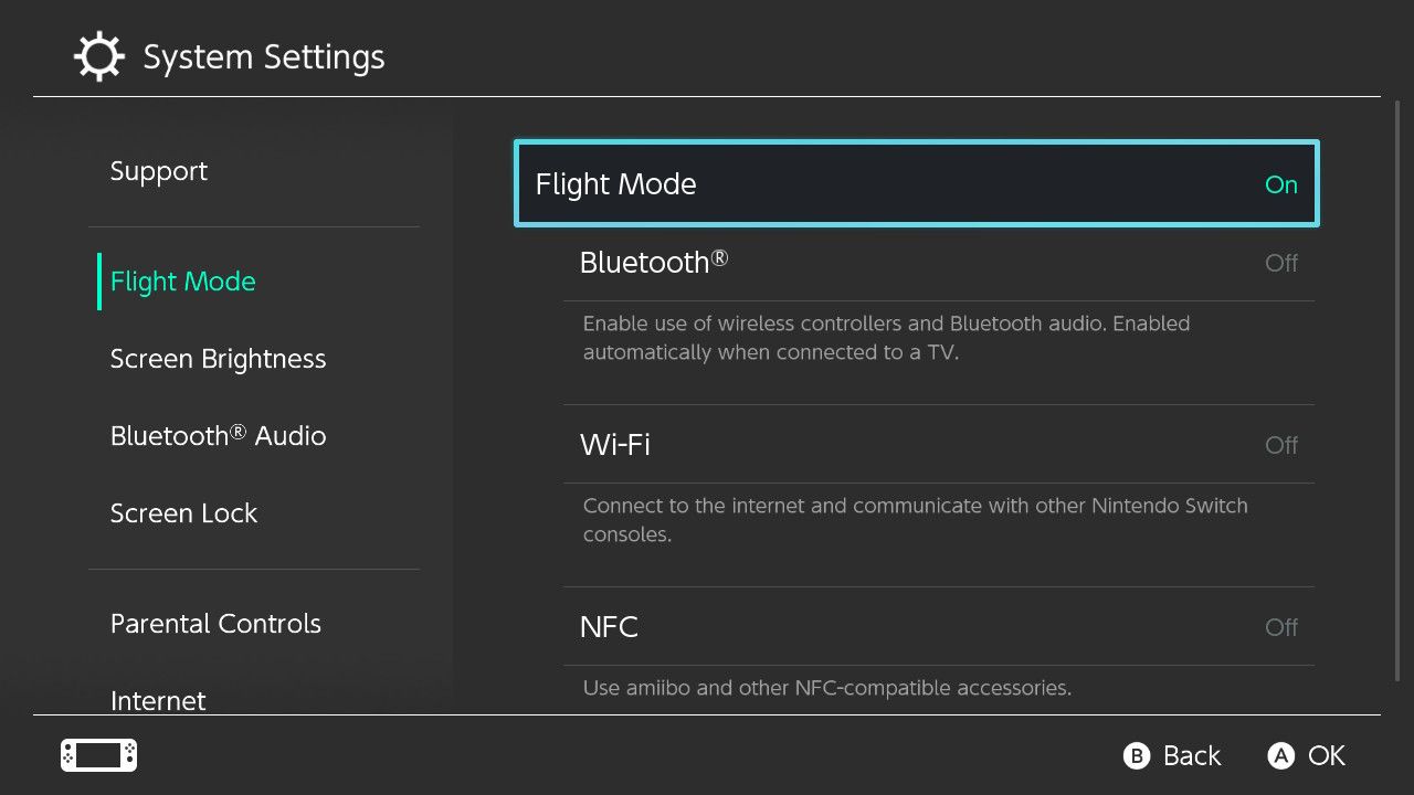 A screenshot of the Flight Mode settings on Nintendo Switch highlighting Flight Mode as being set to On 