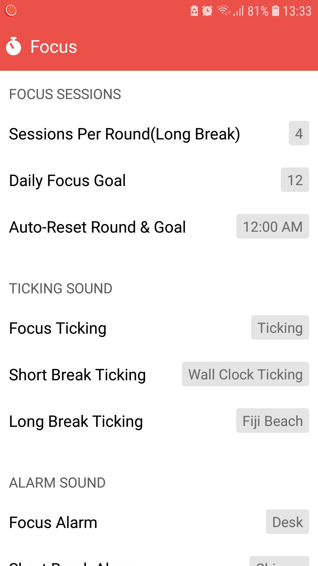 Focus Keeper goal session settings