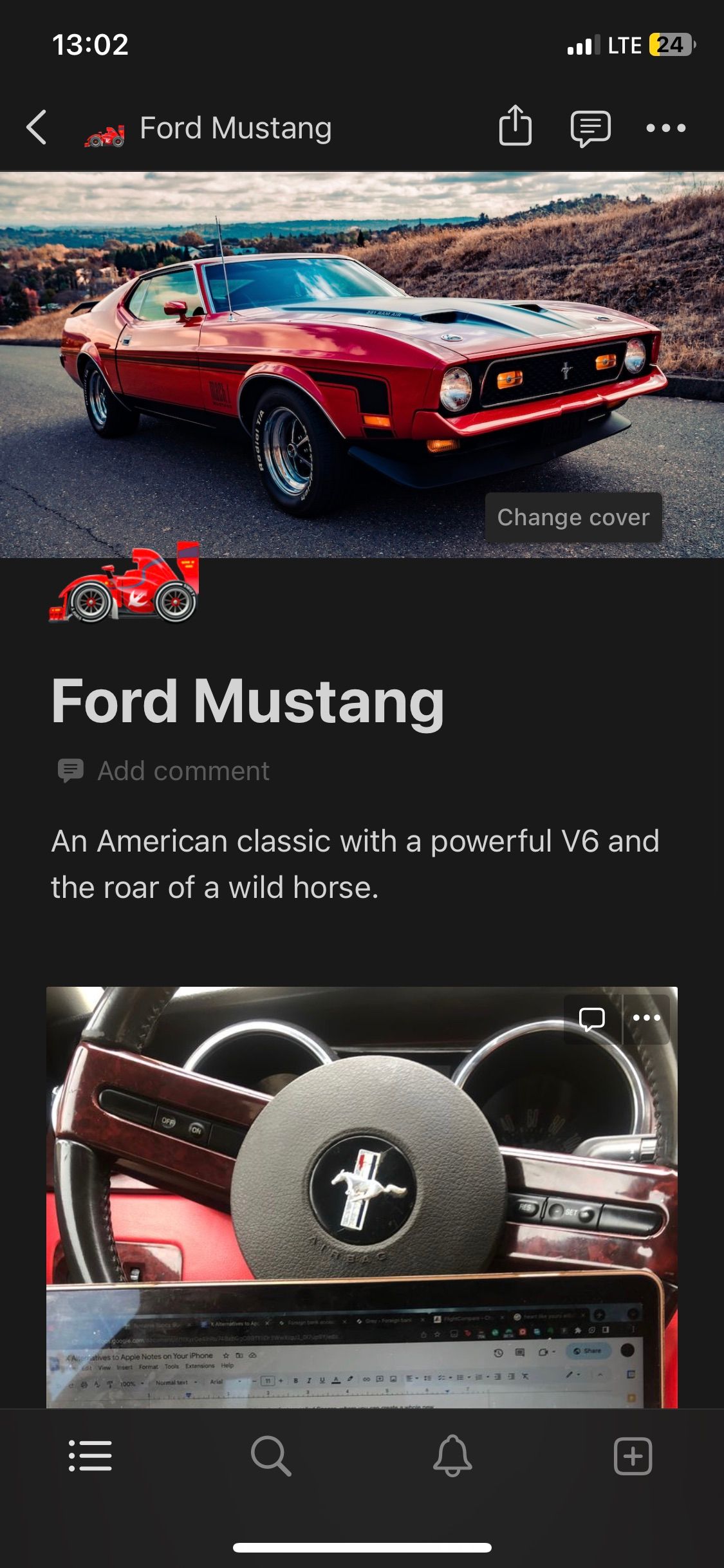 Ford Mustang notes in Notion