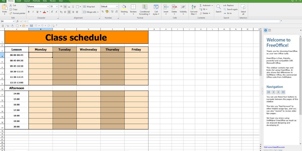 FreeOffice Spreadsheet Template for a Class Schedule