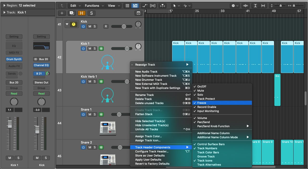 Logic Pro track options highlighting the Freeze button
