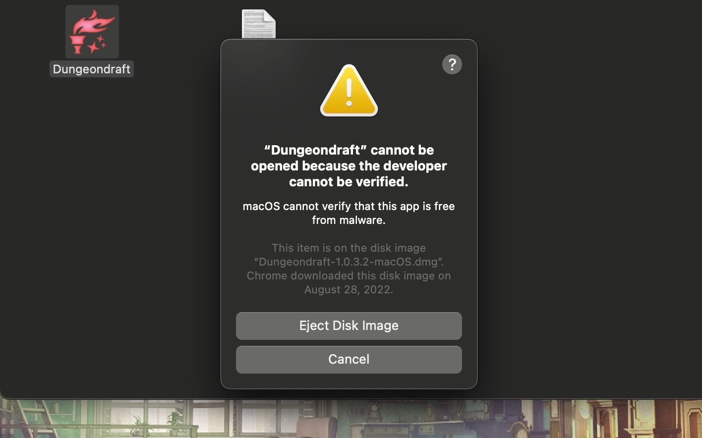 Penjaga gerbang memverifikasi instalasi Dungeondraft di macOS