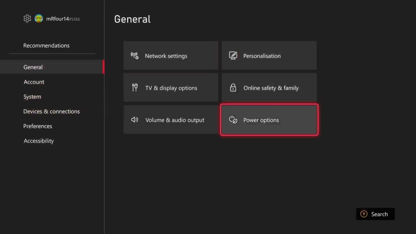 A screenshot of the General settings for an Xbox Series X with Power Options highlighted 