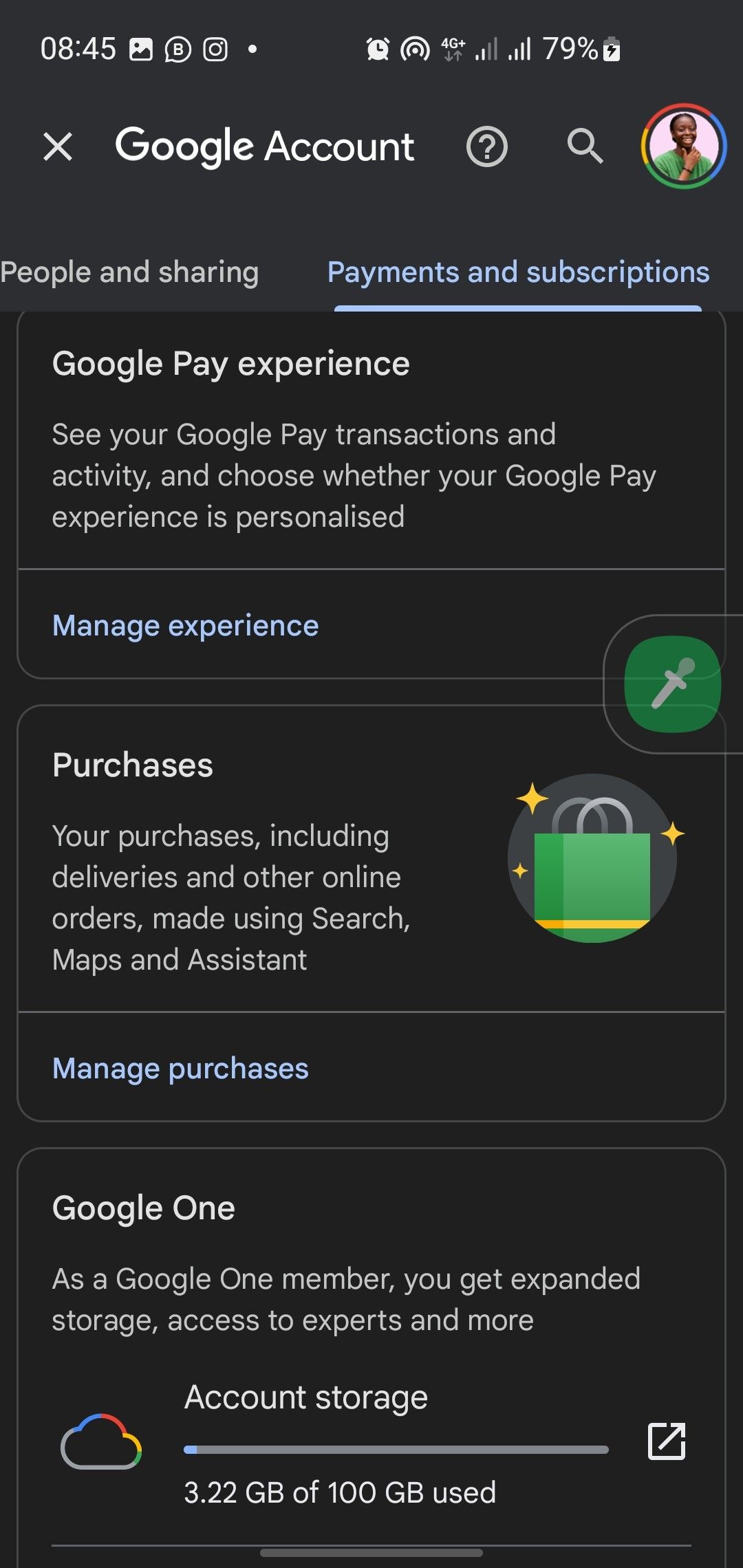Google Account Payment and Subscriptions Page 