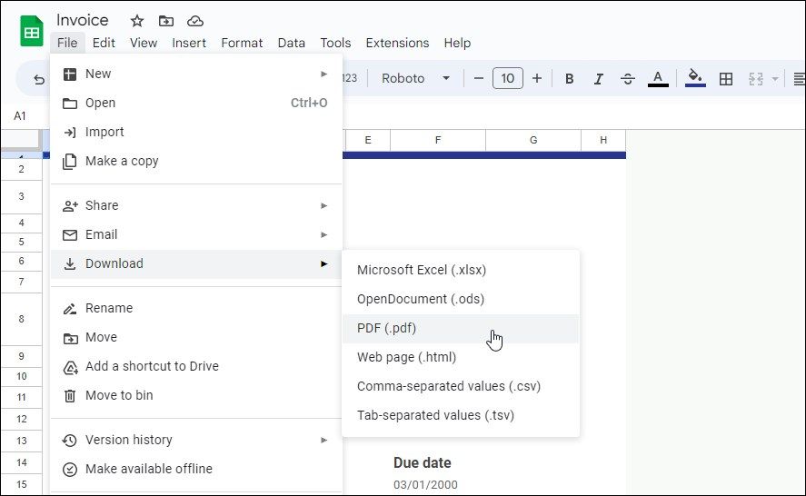 Select Download PDF option in Google Sheet