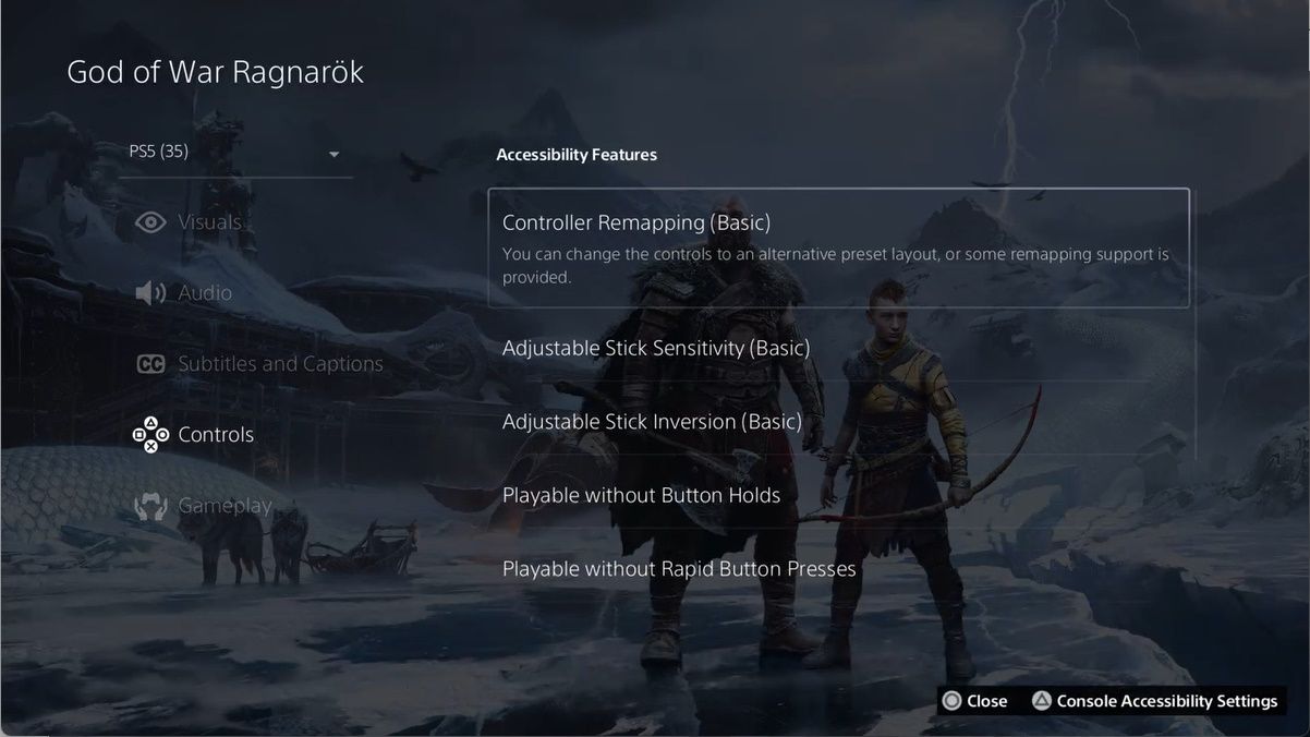 God of War Ragnarok Accessibility Tags for the Control category