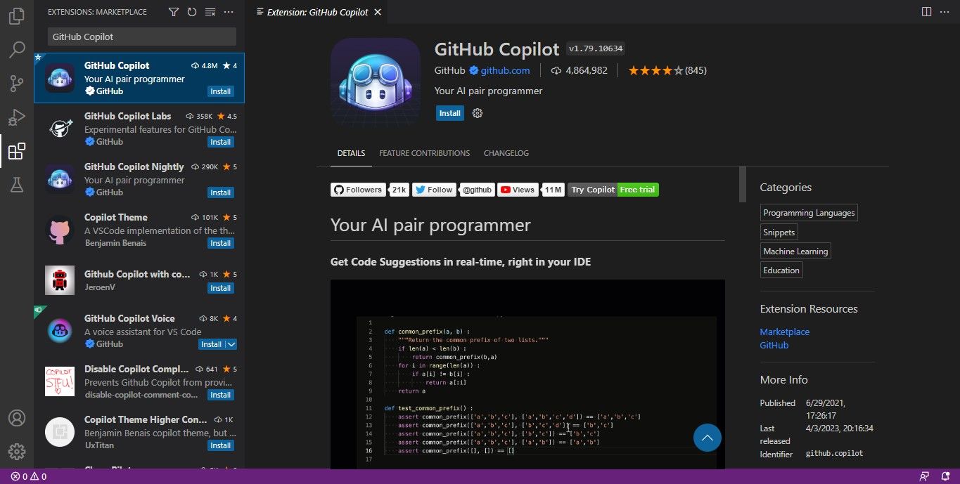Ekstensi kopilot GitHub pada VS Code