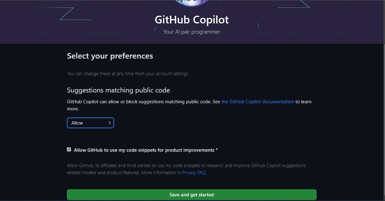 Halaman preferensi GitHub Copilot