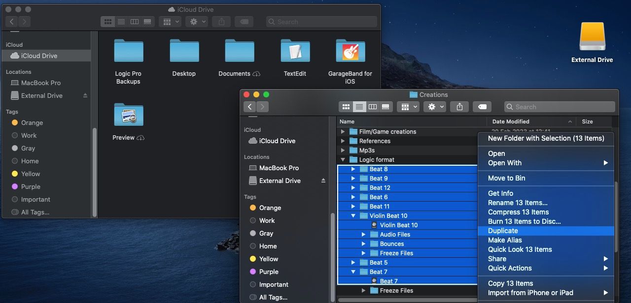 فایل‌ها و پوشه‌های Logic Pro برای Duplicate در iCloud Drive انتخاب شده‌اند