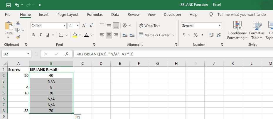 Lembar Excel yang menunjukkan fungsi IF dan ISBLANK sedang beraksi