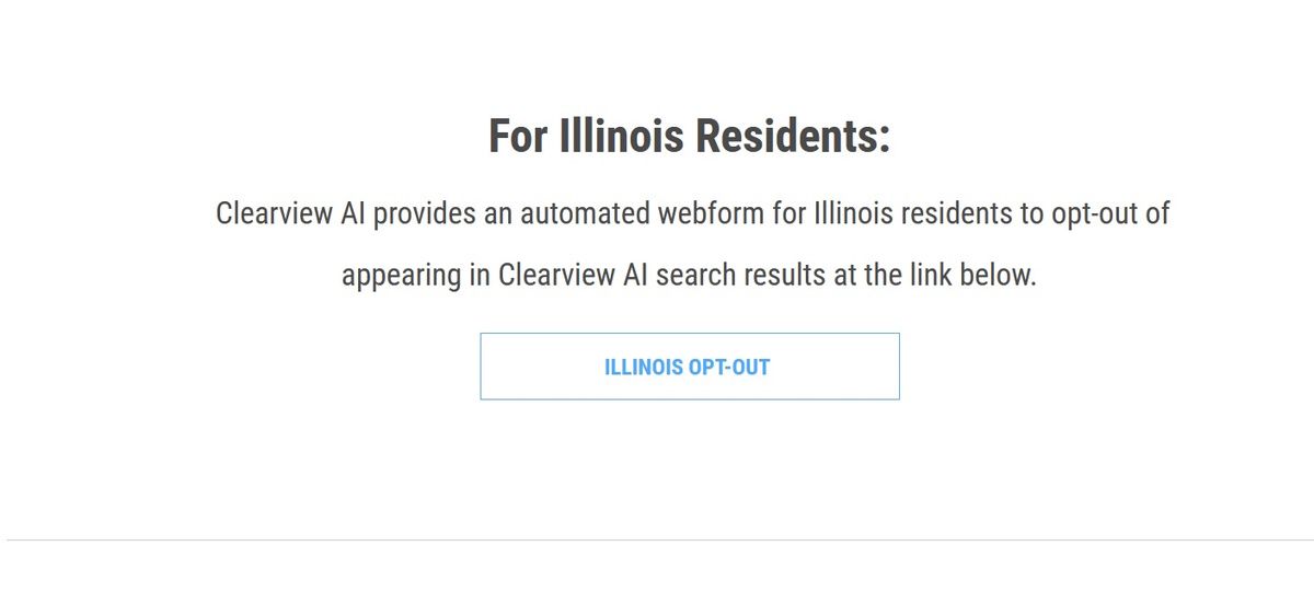 Ảnh chụp màn hình Nút chọn không tham gia Illinois của Clearview AI