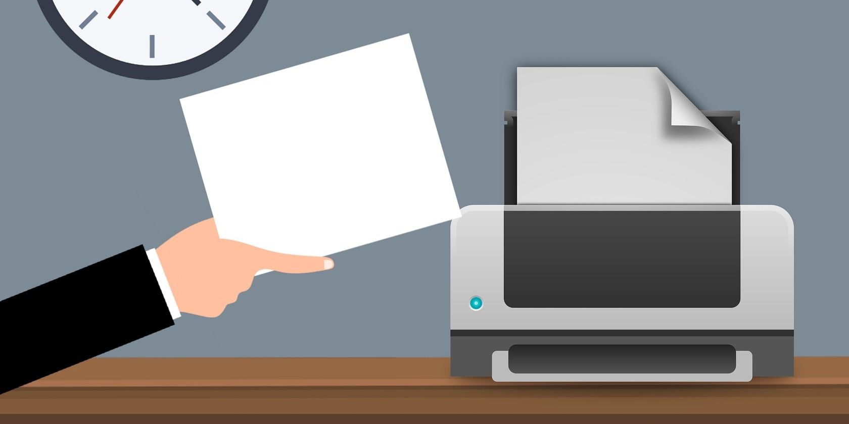 Illustration of a hand holding a paper next to a printer