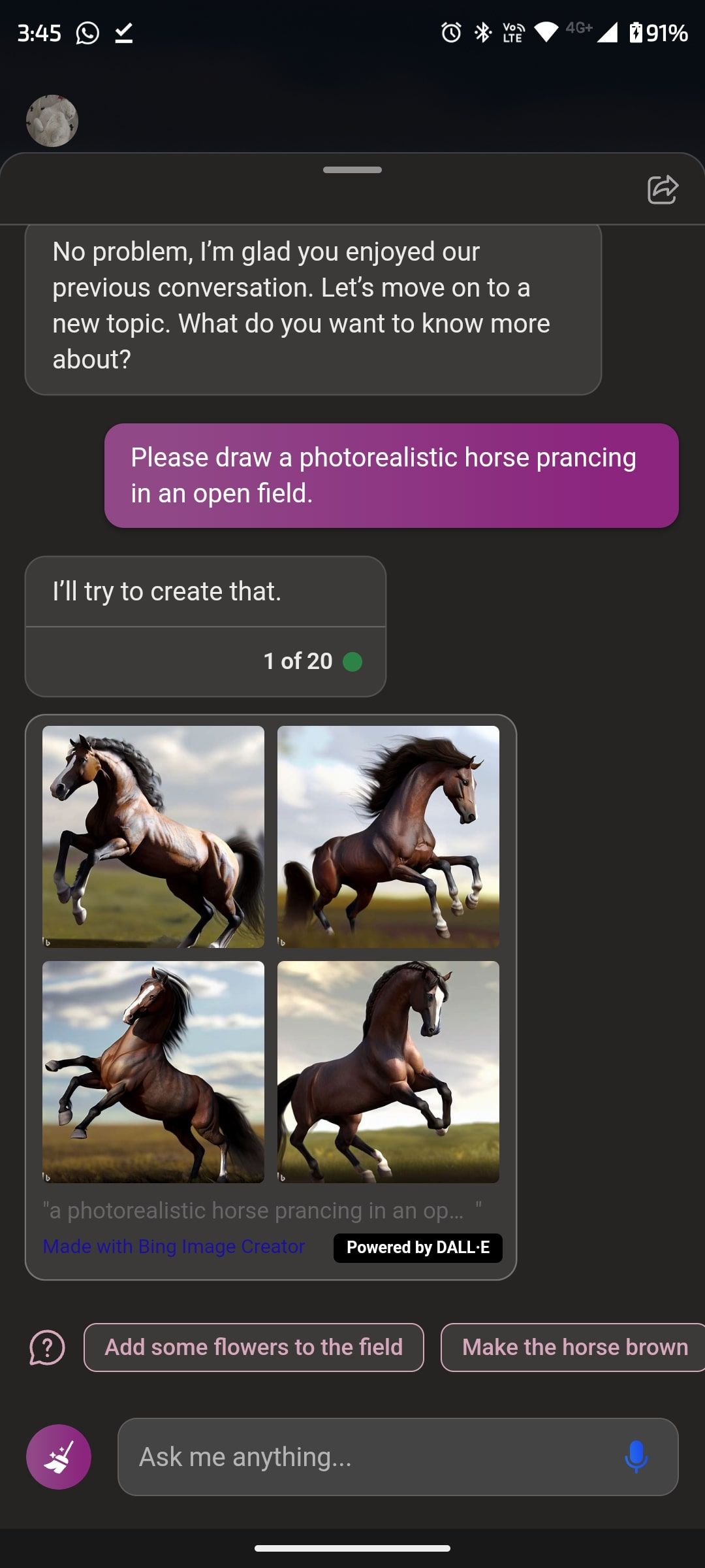 Bing app horse image generation results