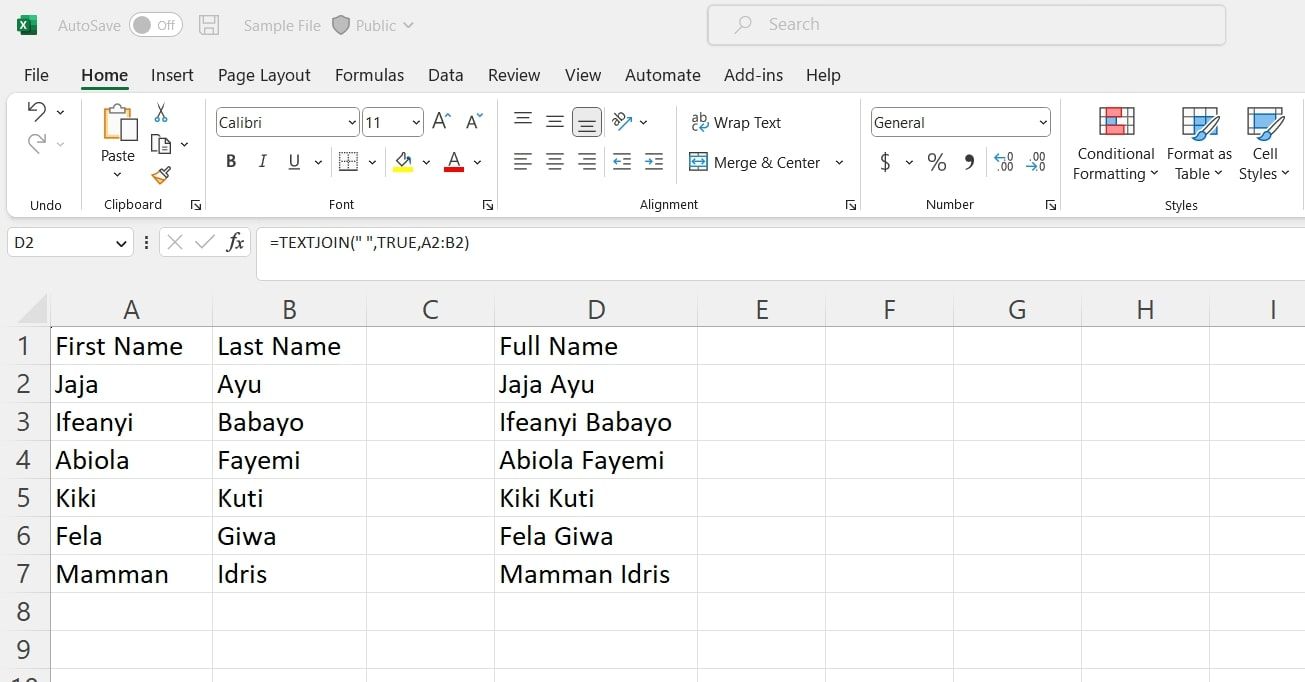 صفحه گسترده ای که توابع Excel TEXTJOIN در حال استفاده را نشان می دهد