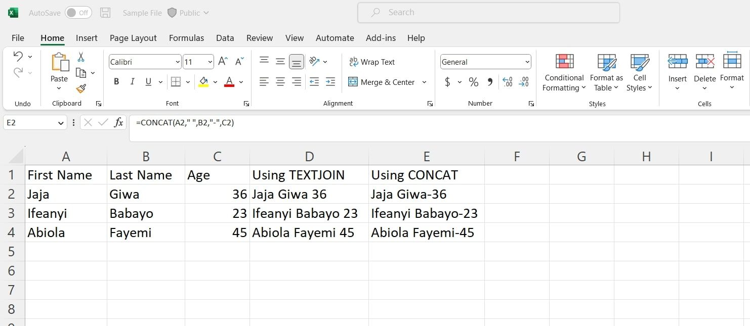 صفحه گسترده ای که نشان می دهد CONCAT و TEXTJOIN در حال استفاده هستند