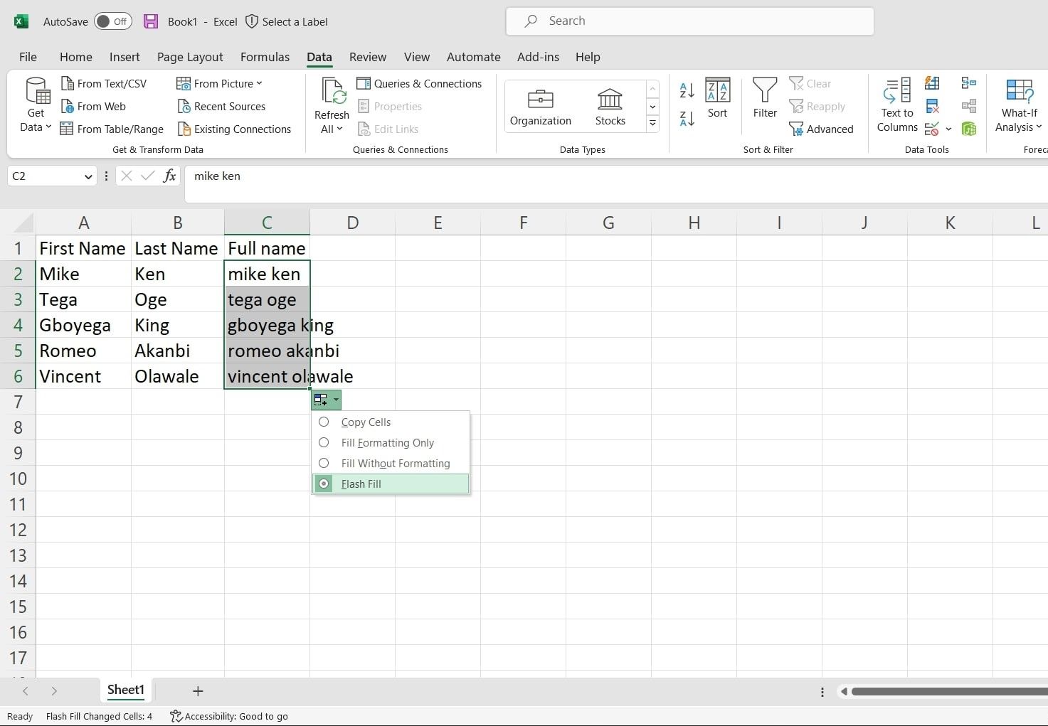 A spreadsheet showing Excel 's Pattern Recognition, Flash Fill in action 