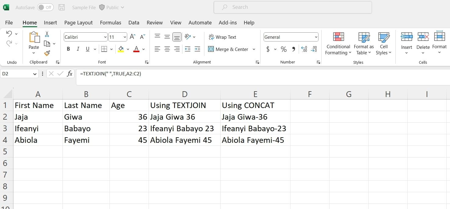 صفحه گسترده ای که نشان می دهد CONCAT و TEXTJOIN در حال استفاده هستند