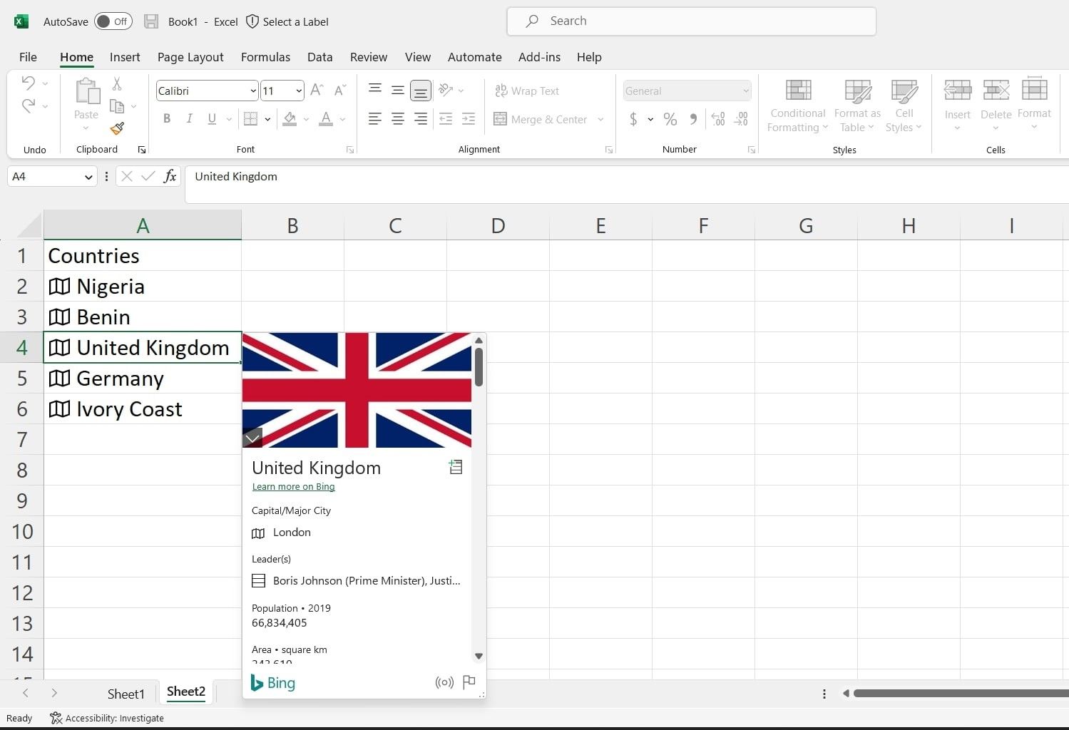 A spreadsheet being used to show Geography Data Type in Excel being used to classify location data