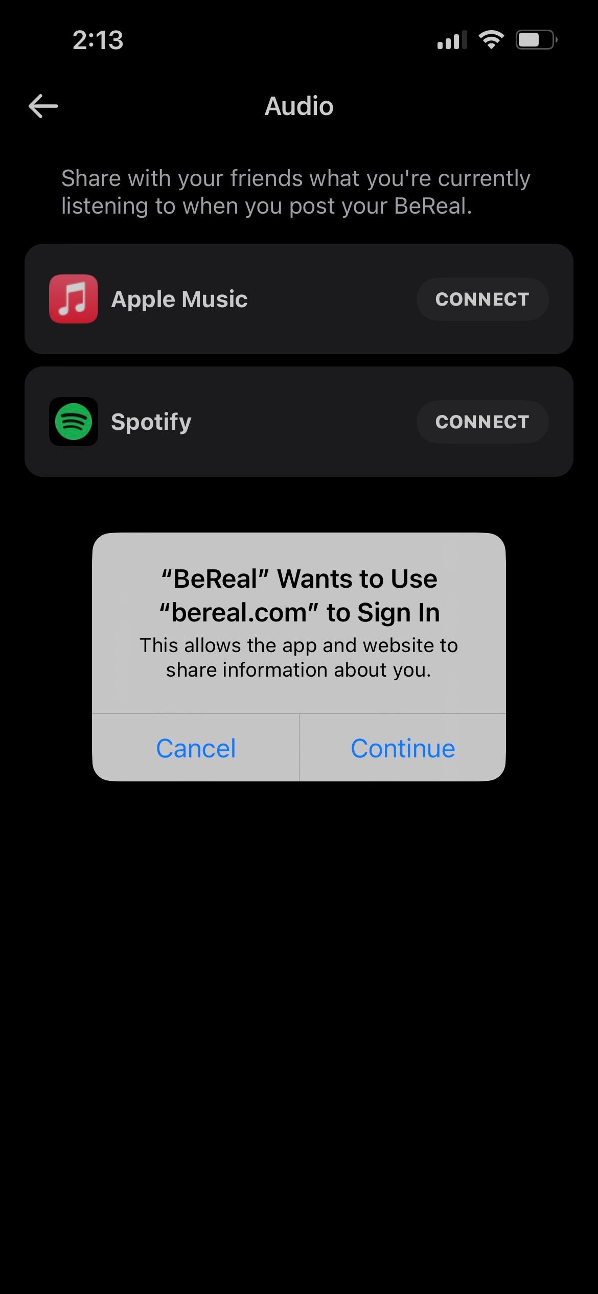 BeReal Audio Connection Pop-up