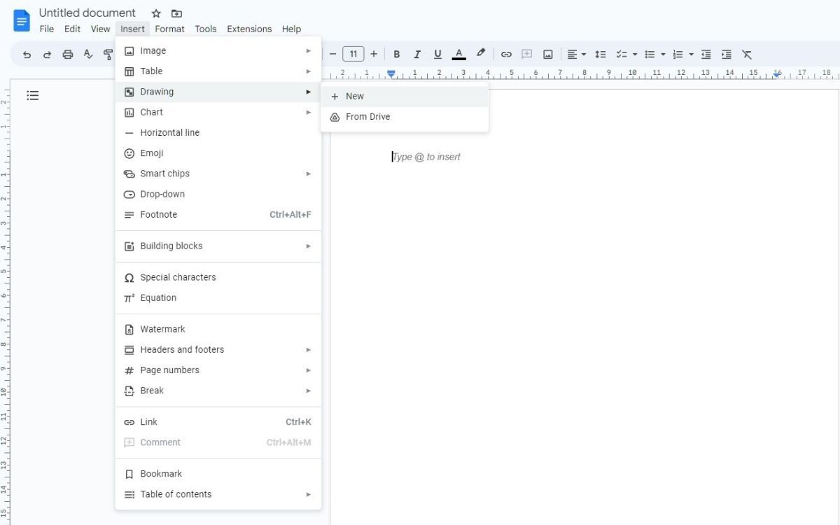 A screenshot of a Word document on Google Docs with the cursor hovering over Drawing from the Insert dropdown menu