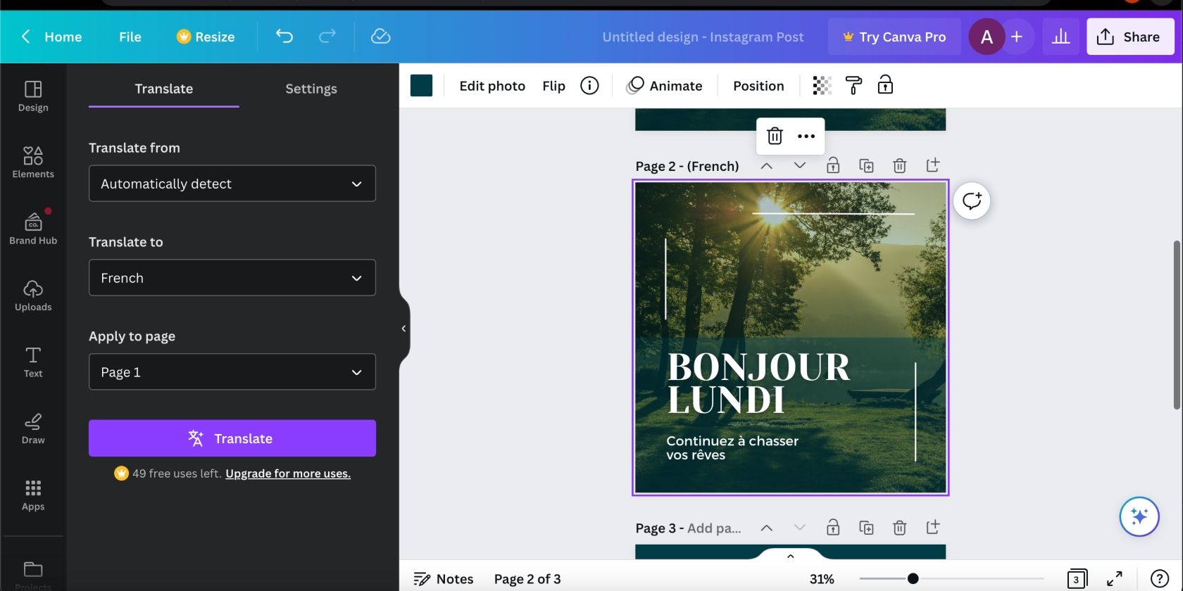 Instagram post translated to French on Canva for desktop