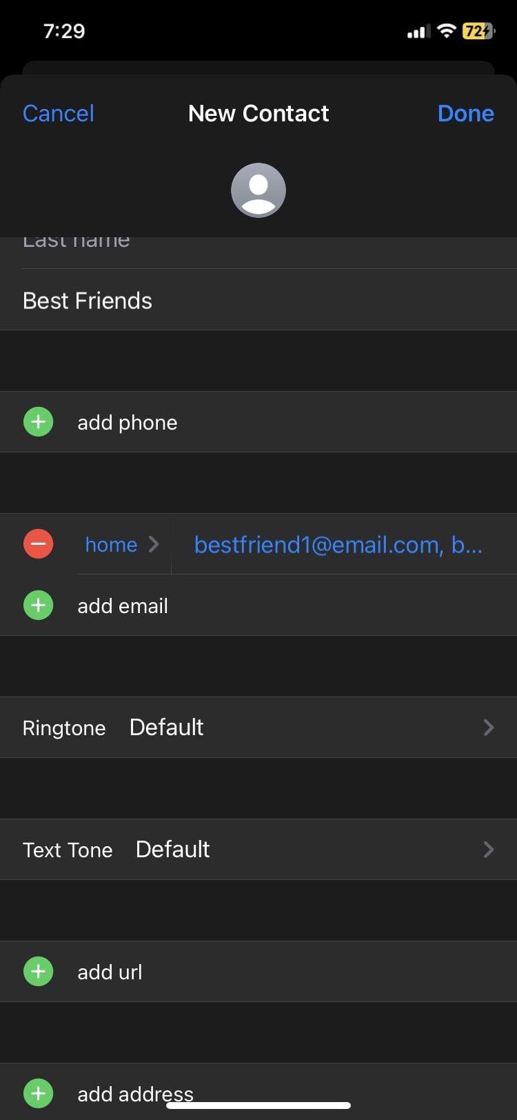 Screenshot of adding emails to a contact list