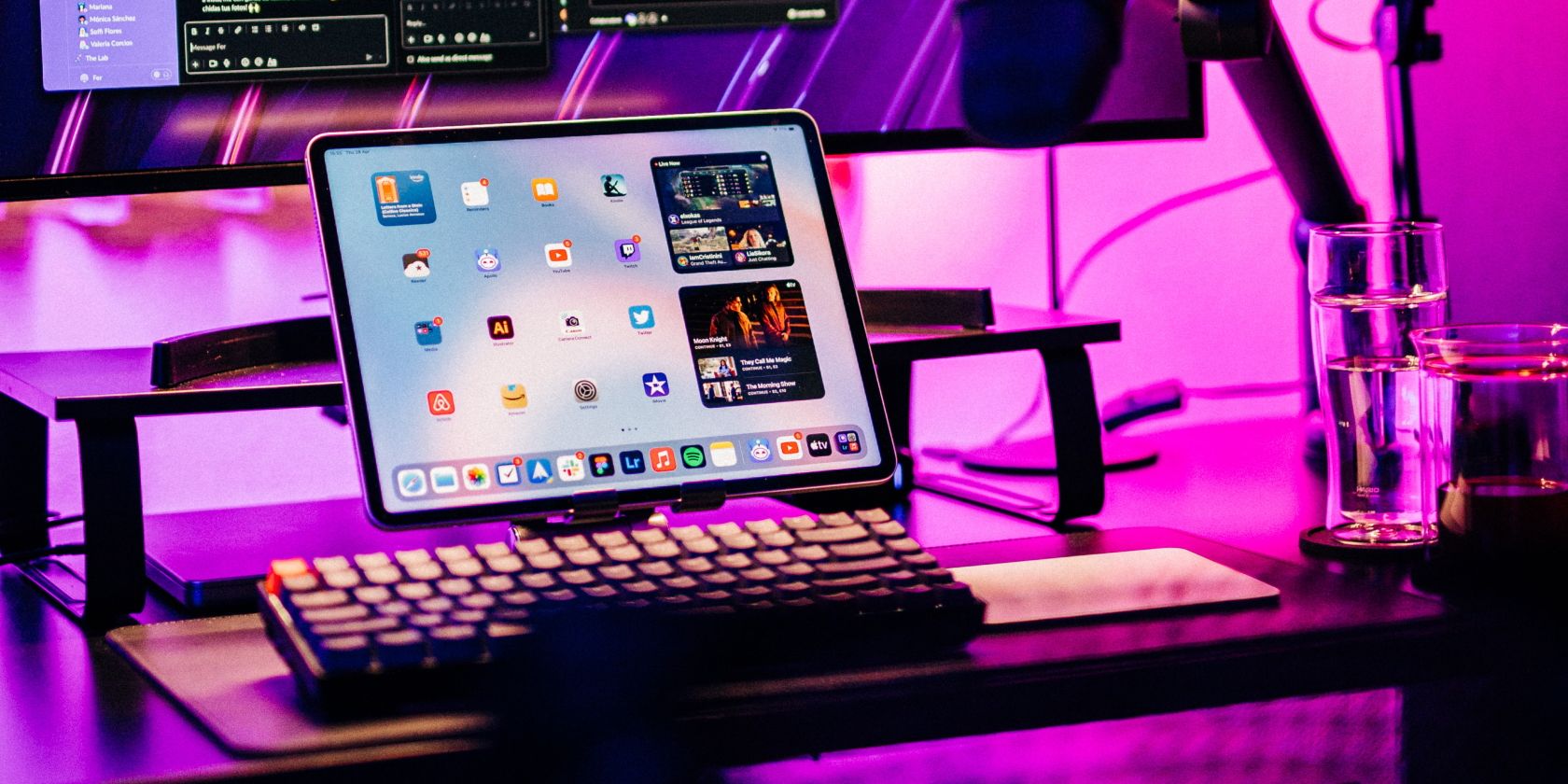 iPad on a desk next to a keyboard