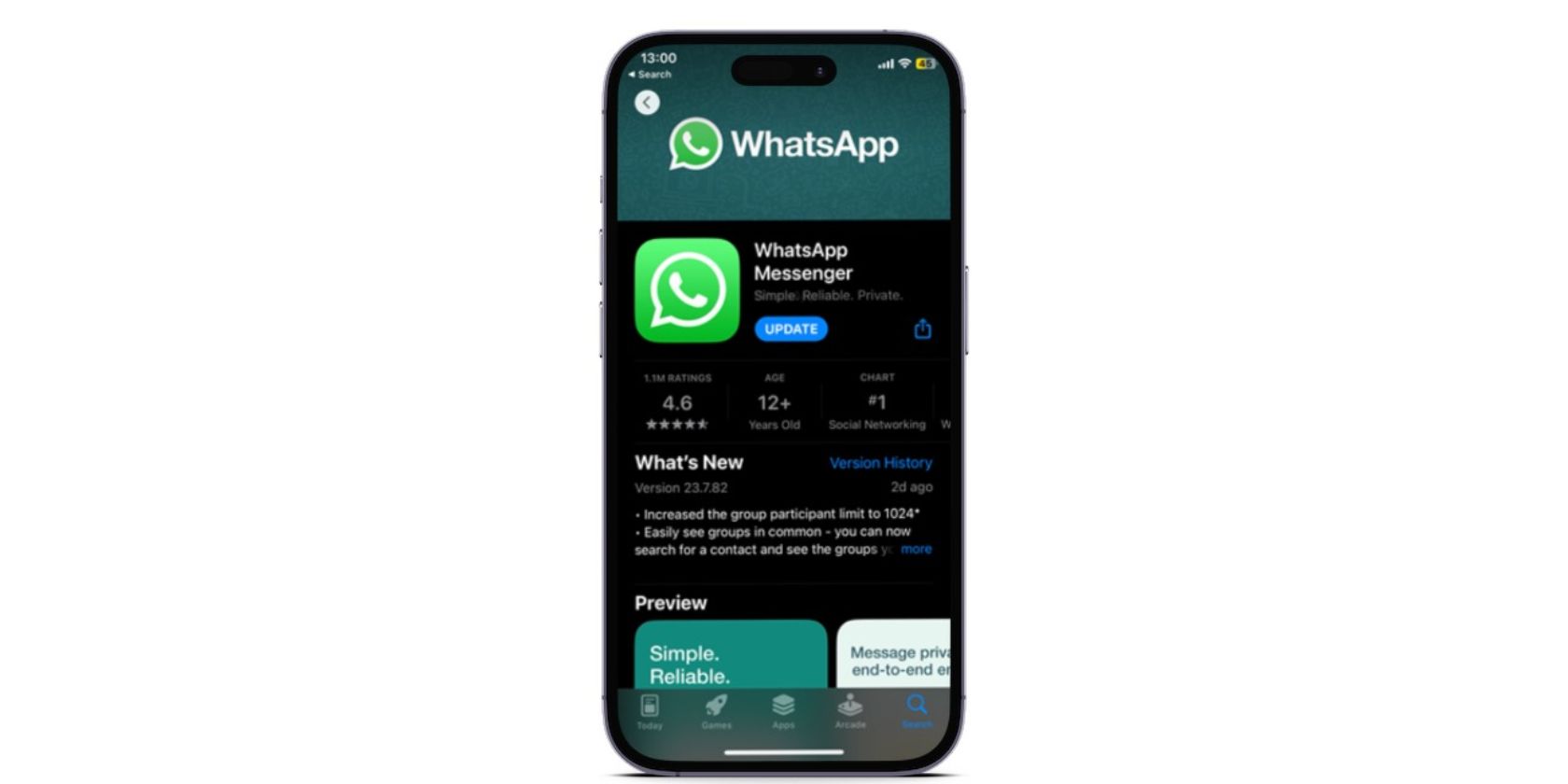 iPhone 14 hiển thị nút cập nhật WhatsApp trên App Store