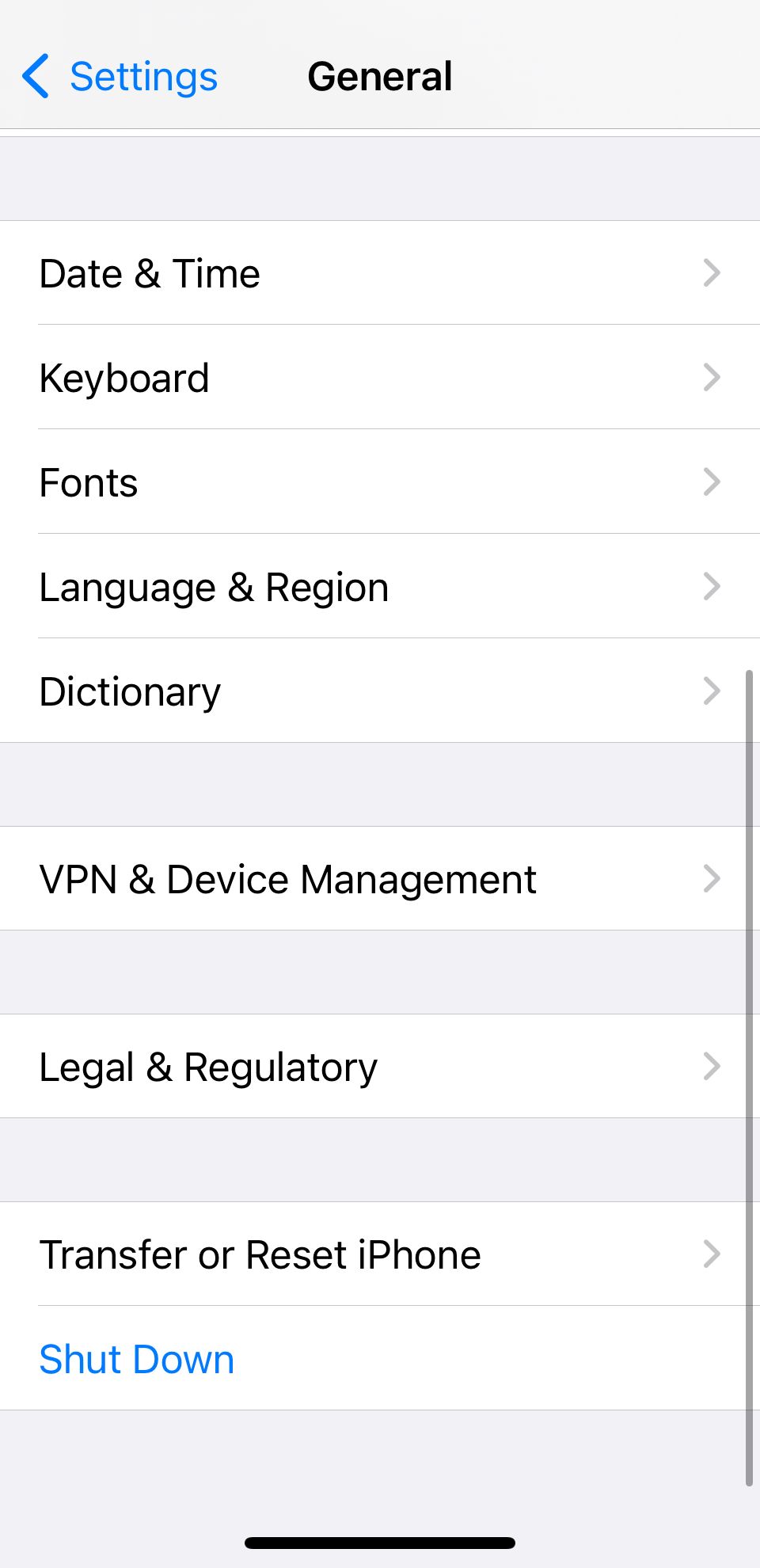iPhone reset page in Settings