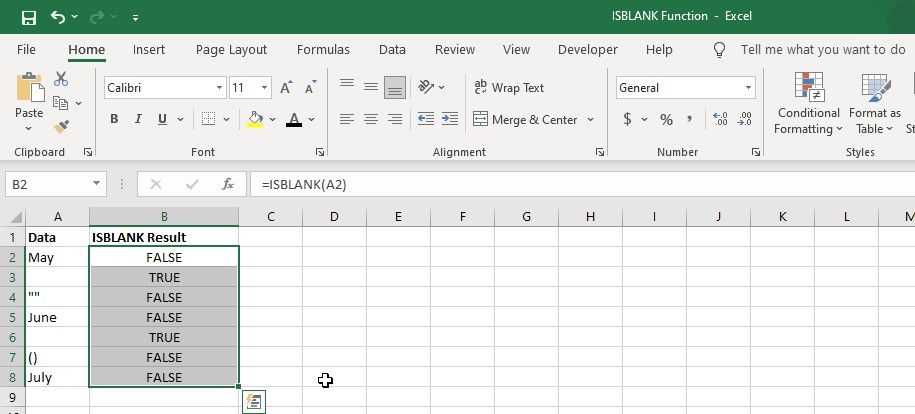 Lembar kerja Excel menunjukkan cara menggunakan fungsi ISBLANK