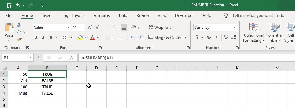 Basic example of how to use the ISNUMBER function in Excel
