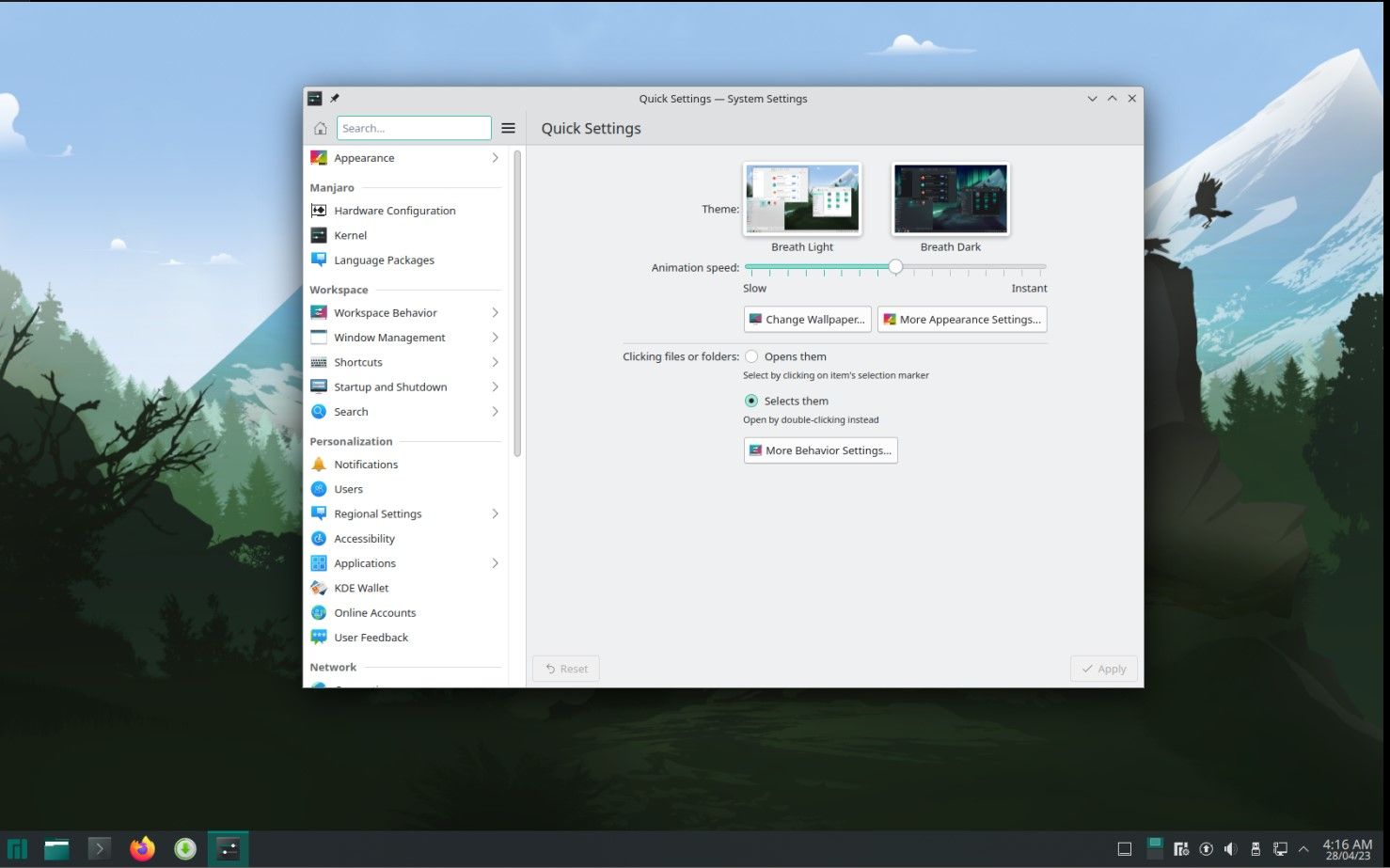 Settings page on Manjaro Talos KDE Plasma desktop
