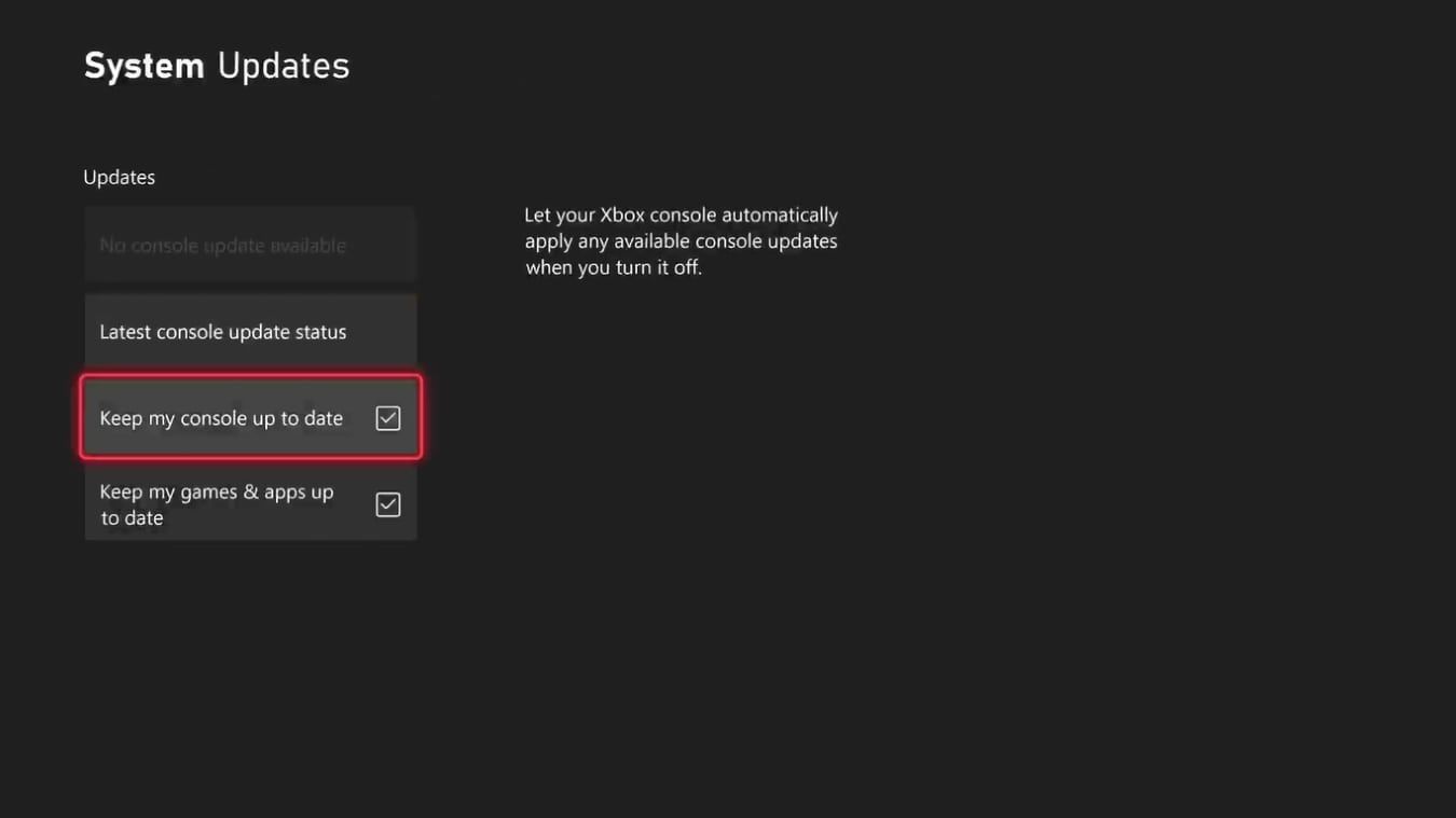 A screenshot of the Updates settings for an Xbox Series X with Keep My Console Up To Date enabled 