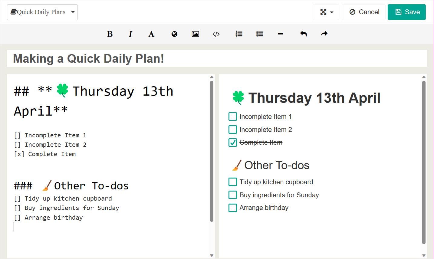Laverna daily plan example using markdown language