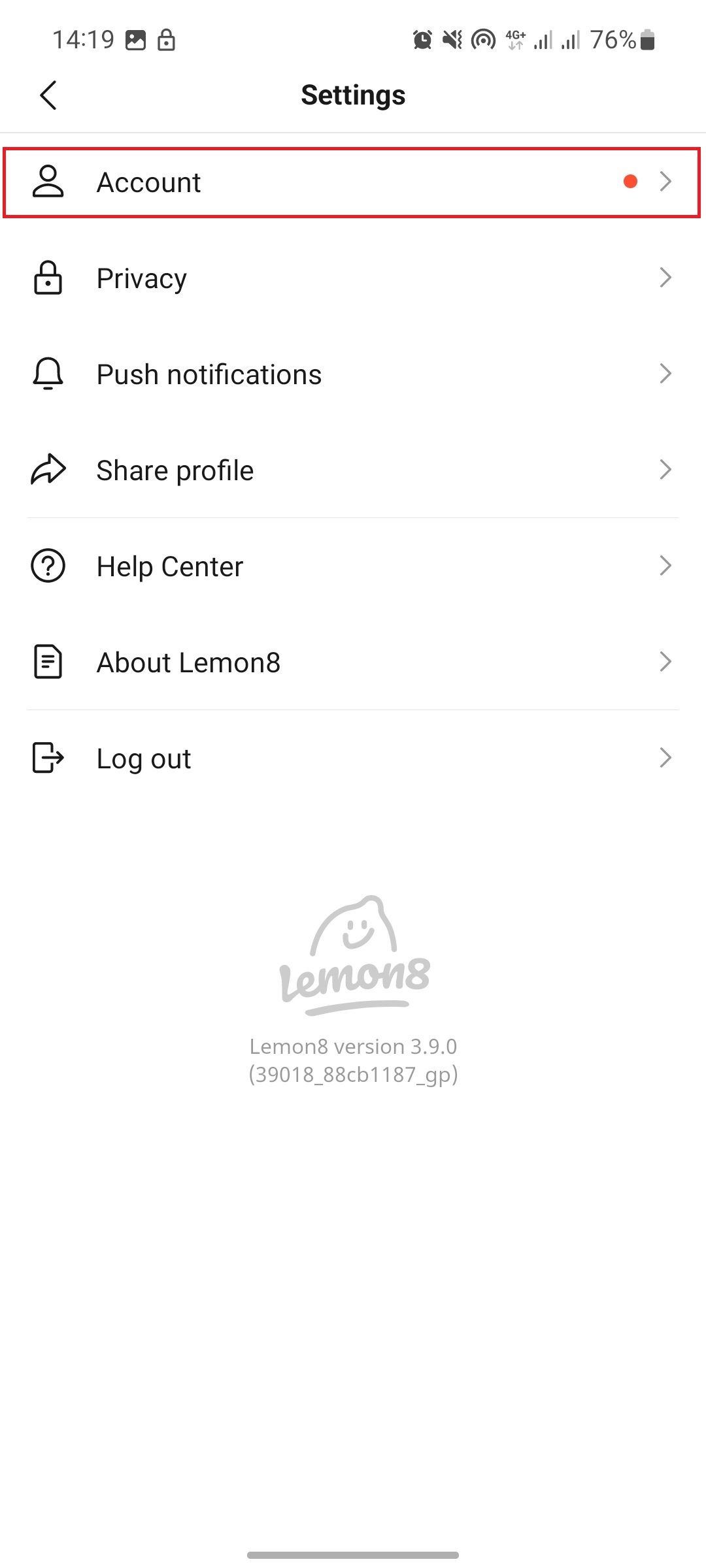 Lemon8 settings page