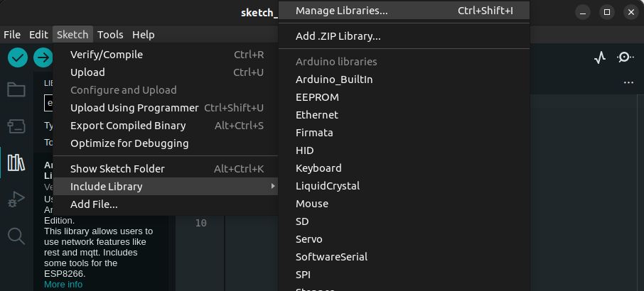 Library manager navigation screenshot on the Arduino IDE