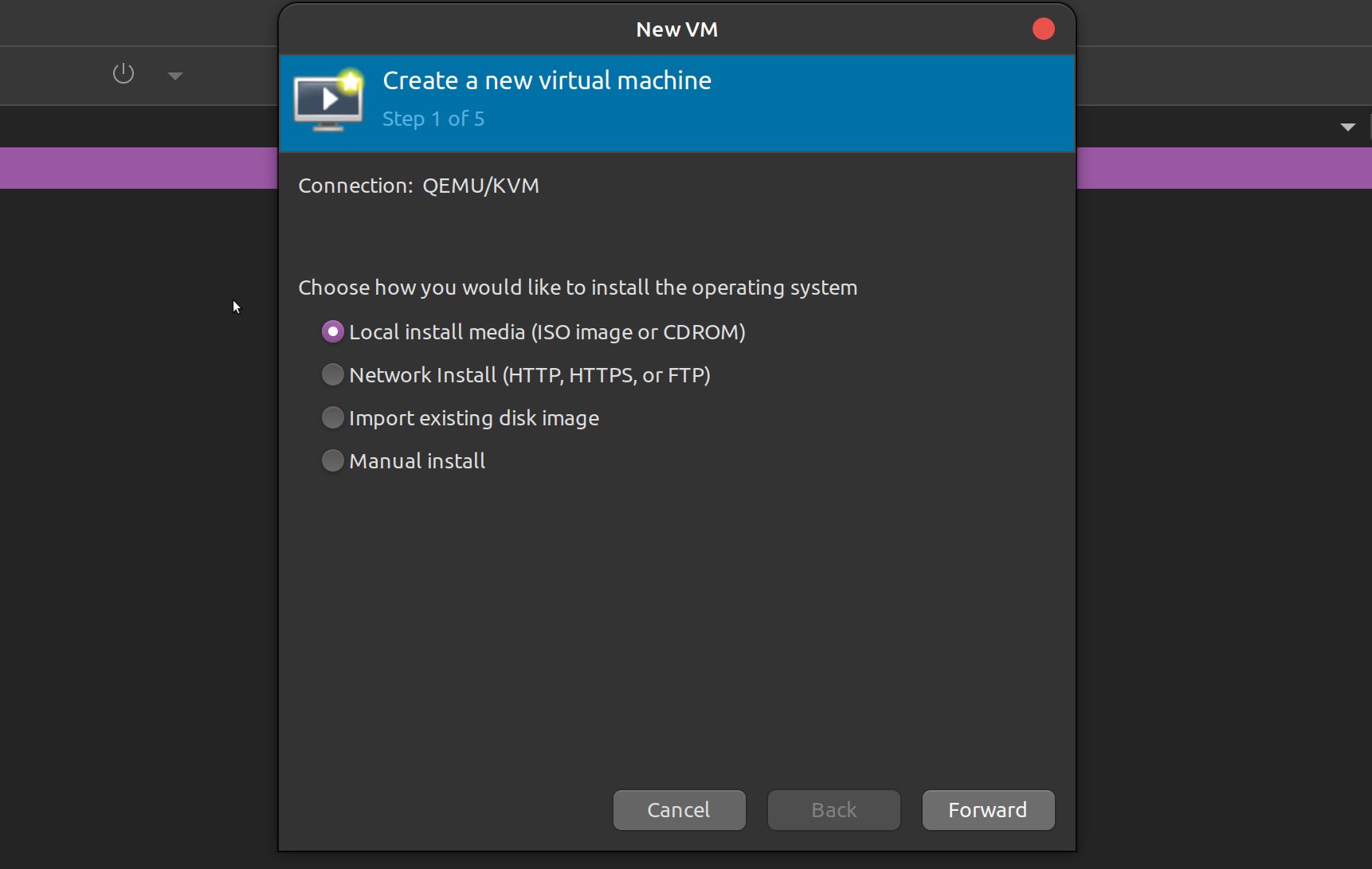 local install with iso in virtual machine manager