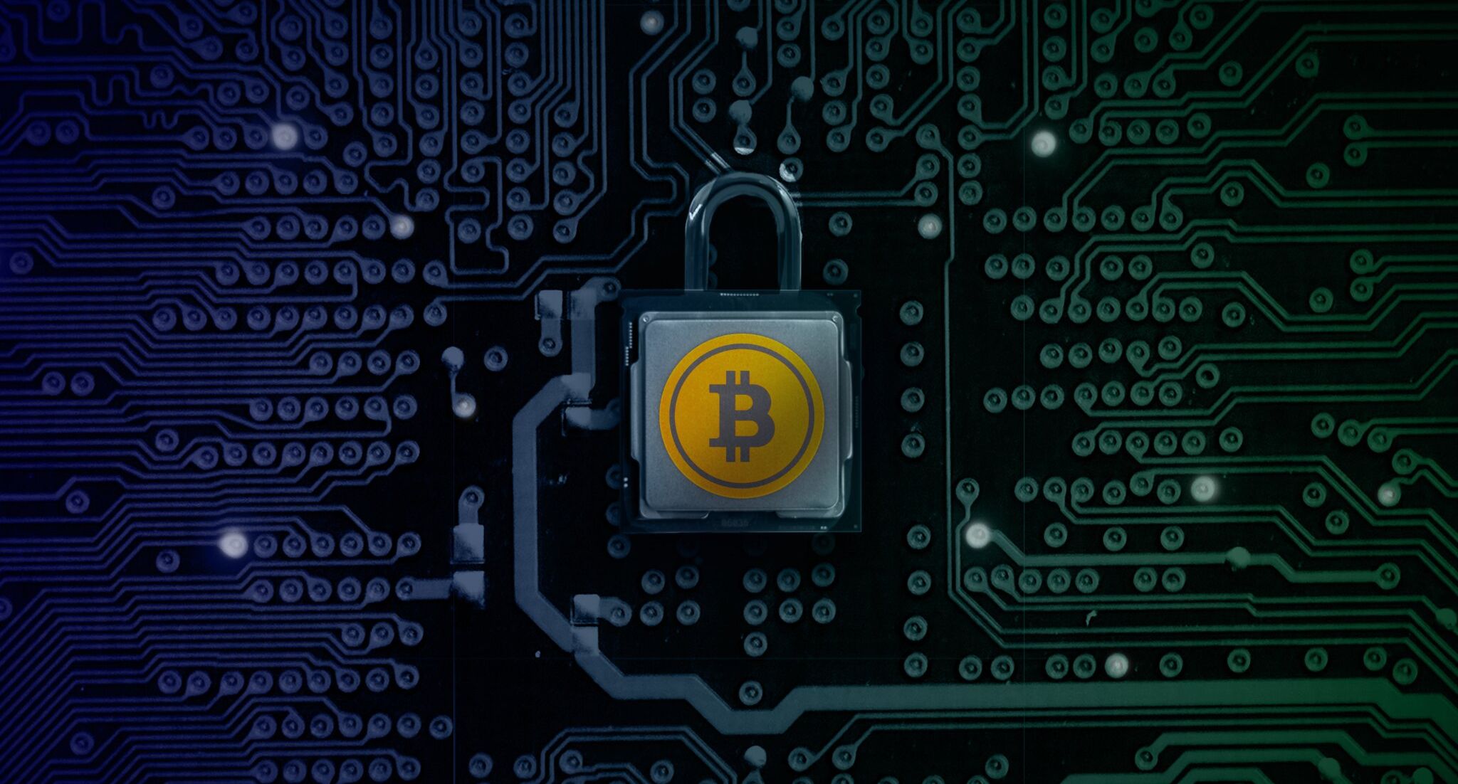 digital graphic of bitcoin logo on computer chip with padlock shape