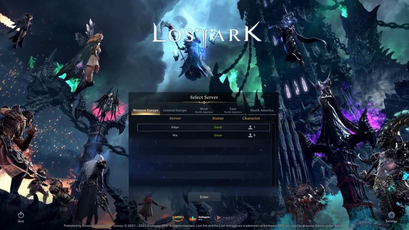 A screenshot of the region selection screen for Lost Ark running via Steam 