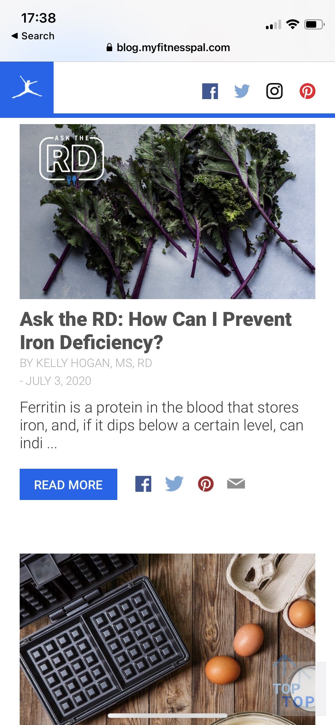 MyFitnessPal app screenshot - blog about iron